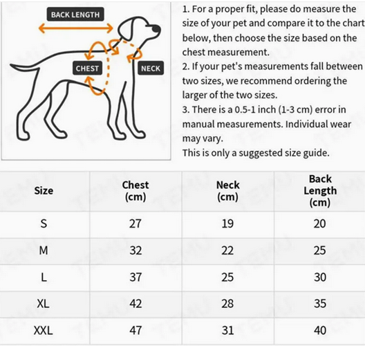 Dog Jacket Size Chart