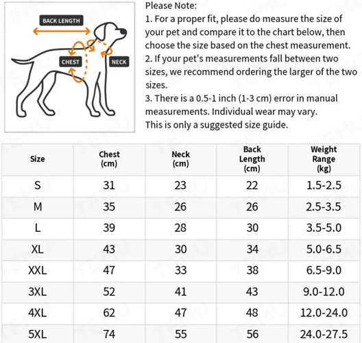 Dog Jacket Size Chart
