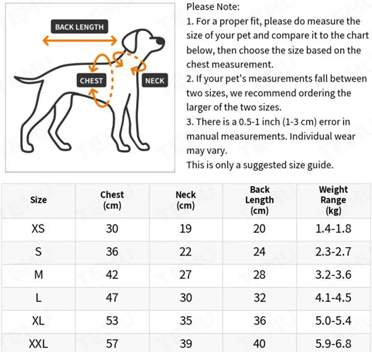 Dog Jacket Pink size chart