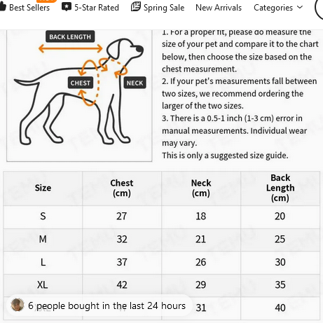 Hooded Sweatshirt for dogs size chart