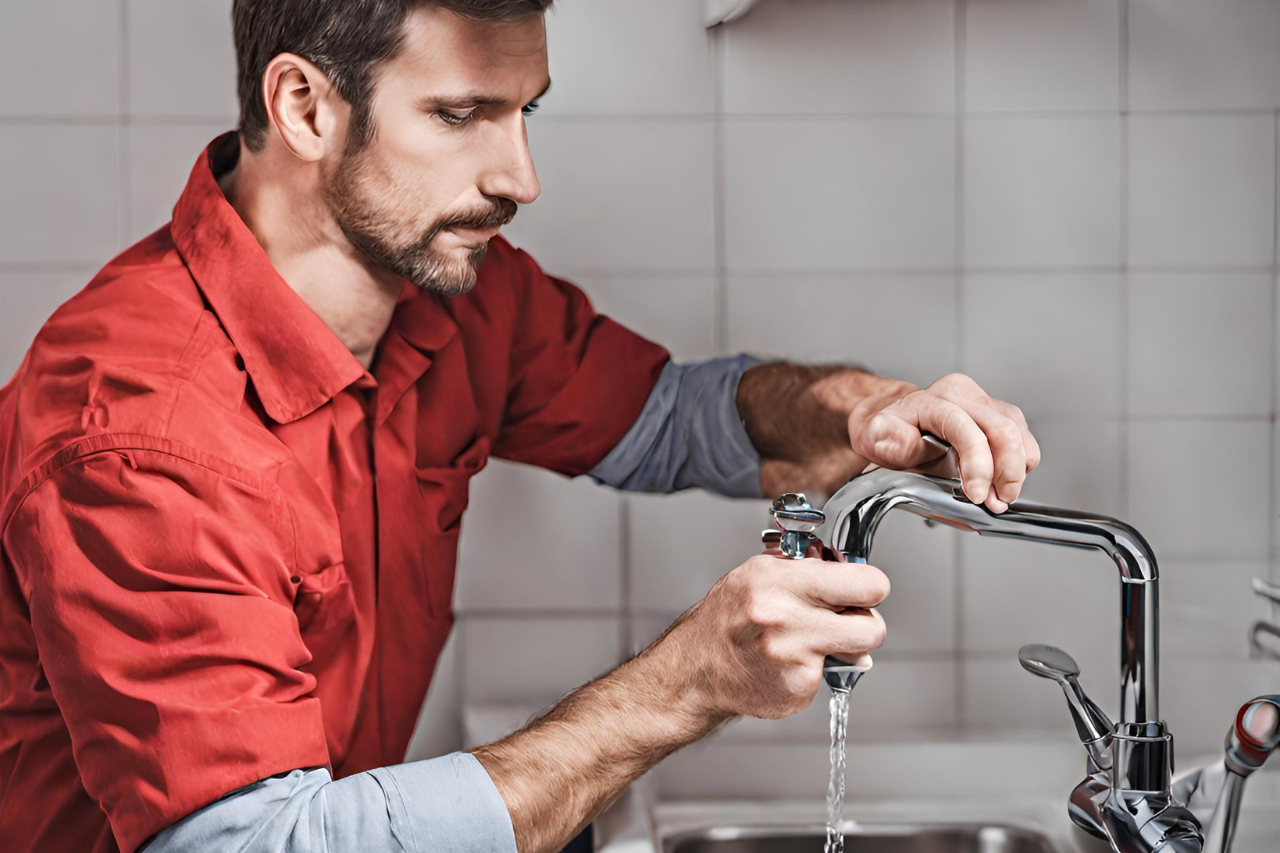A worker from Plumbing Works fixing a tap